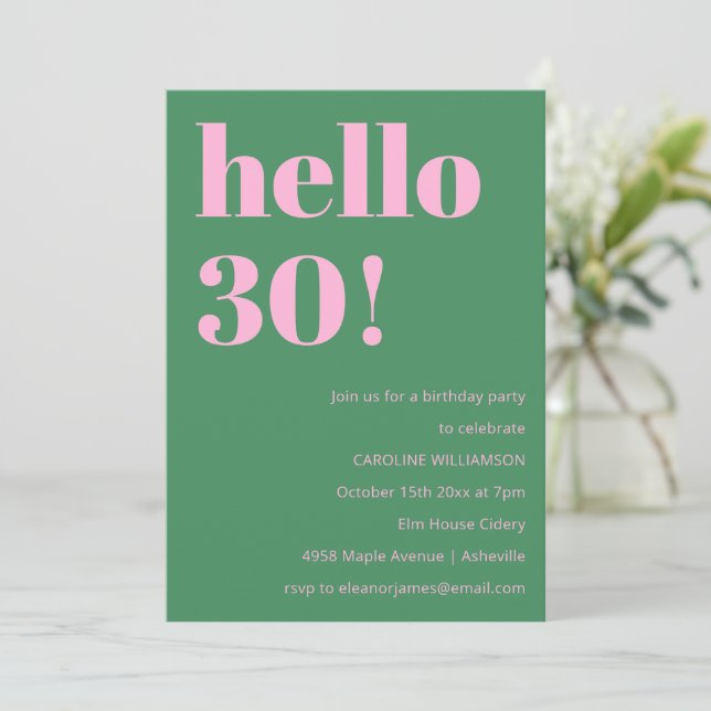 Bold Bright Modern Retro Pink Green 30th Birthday Invitation (Standing Front)