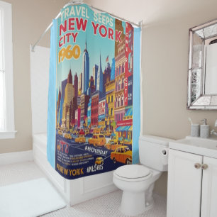 Bold & Bright NYC   1960s Travel Poster Shower Curtain