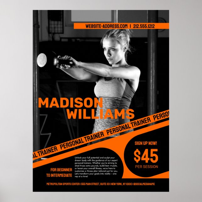 Bold Bright Orange Personal Trainer Photo Poster (Front)