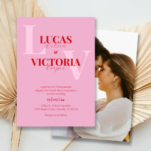 Bold Bright Pink and Red Photo Wedding Invitation