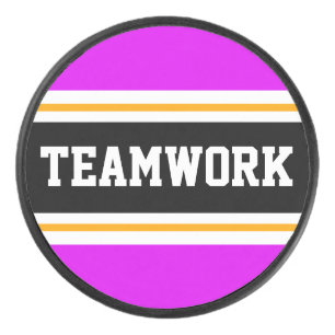 Bold Bright Pink Black TEAMWORK Racing Stripes Hockey Puck