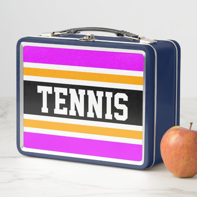 Bold Bright Pink Black White Yellow TENNIS Stripes Metal Lunch Box (In Situ)