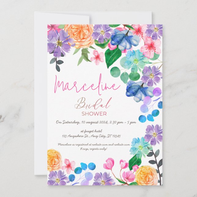 Bold bright pink floral watercolor bridaI Invitation (Front)