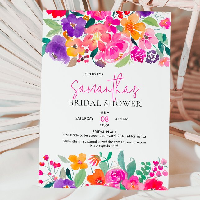 Bold bright pink floral watercolor bridal shower invitation (Bold bright pink floral watercolor bridal shower invitation)