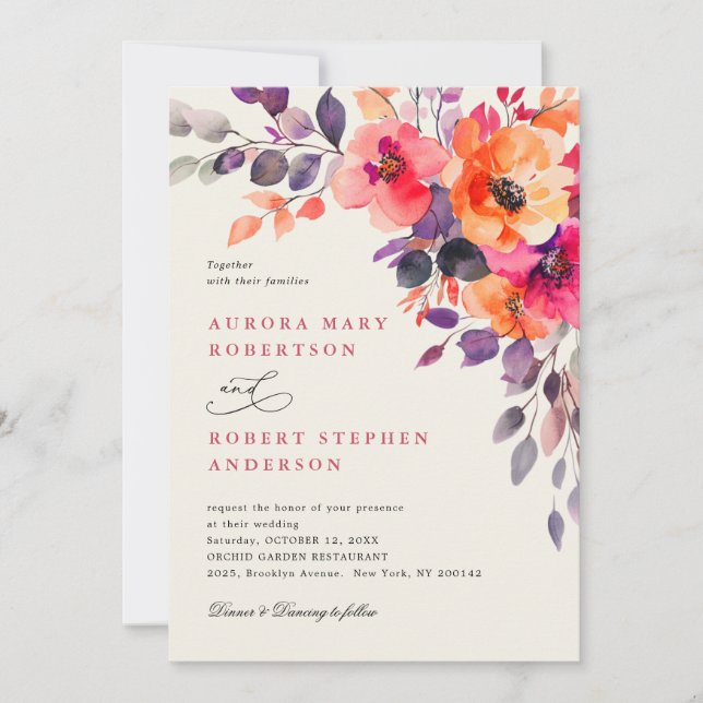 Bold Bright Pink Orange Watercolor Elegant Wedding Invitation (Front)