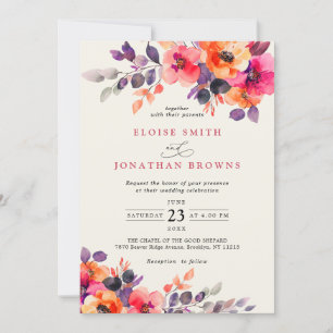 Bold Bright Pink Orange Watercolor Floral Wedding  Invitation