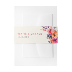 Bold Bright Pink Orange Watercolor Floral Wedding Invitation Belly Band