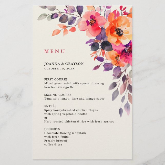 Bold Bright Pink Orange Watercolor Wedding Menu (Front)