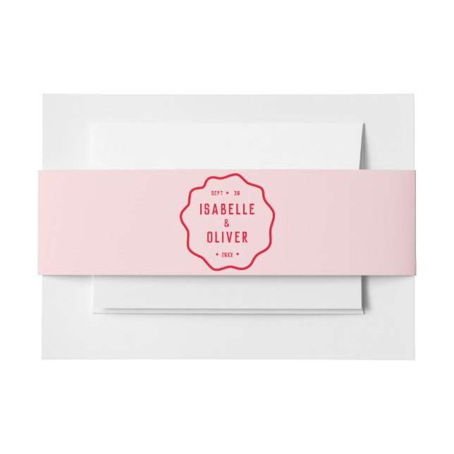 Bold Bright Pink Red Squiggle Wavy Retro Wedding  Invitation Belly Band (Front Example)