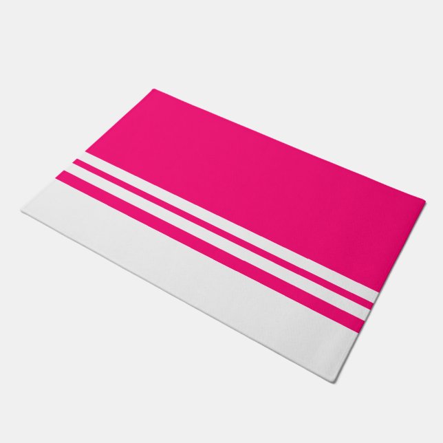 Bold Bright Pink White Bottom Edge Racing Stripes Doormat (Angled)