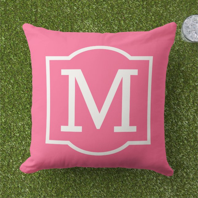 Bold Bright Pink White Bracket Monogram Cushion (Grass)