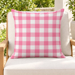 Bold Bright Pink White Gingham Plaid Check Cushion