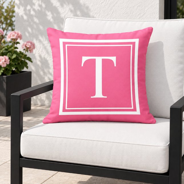 Bold Bright Pink White Square Frame Monogram Cushion (Creator Uploaded)