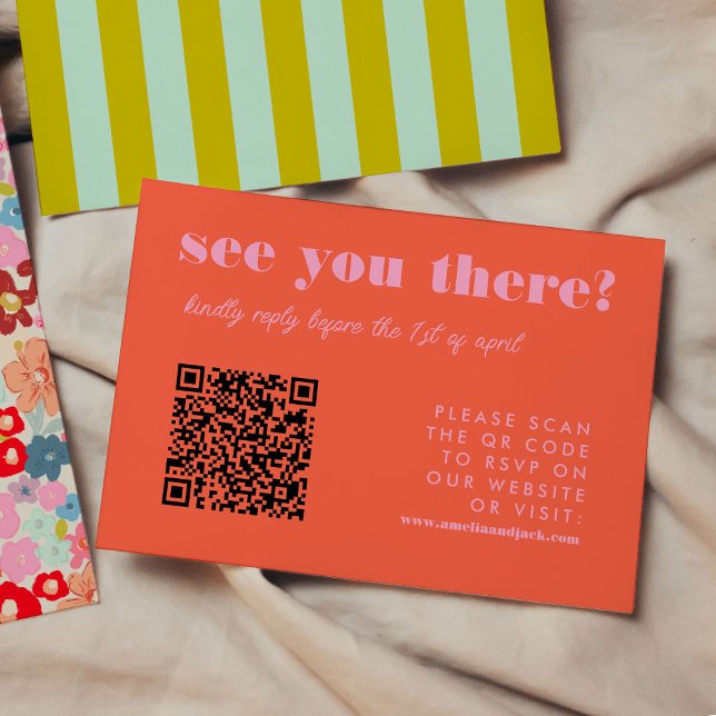 Bold Bright Red and Pink QR Code RSVP Wedding (Bold Bright Red and Pink QR Code RSVP Wedding, green and mint blue stripes on backside)