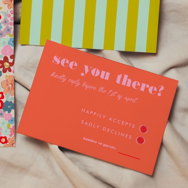 Bold Bright Red and Pink Simple RSVP Wedding (See You There - Bold Bright Red and Pink Simple RSVP Wedding, green and mint green stripes on back)