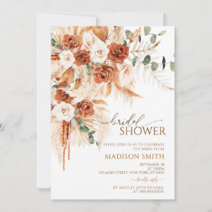 Bold Bright Terracotta Boho Pampas Bridal Shower Invitation