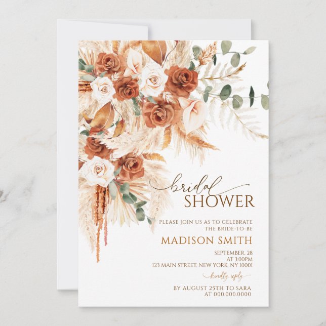 Bold Bright Terracotta Boho Pampas Bridal Shower Invitation (Front)