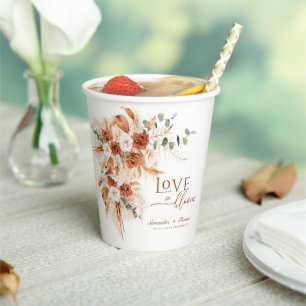 Bold Bright Terracotta Floral Boho Chic Wedding Paper Cups