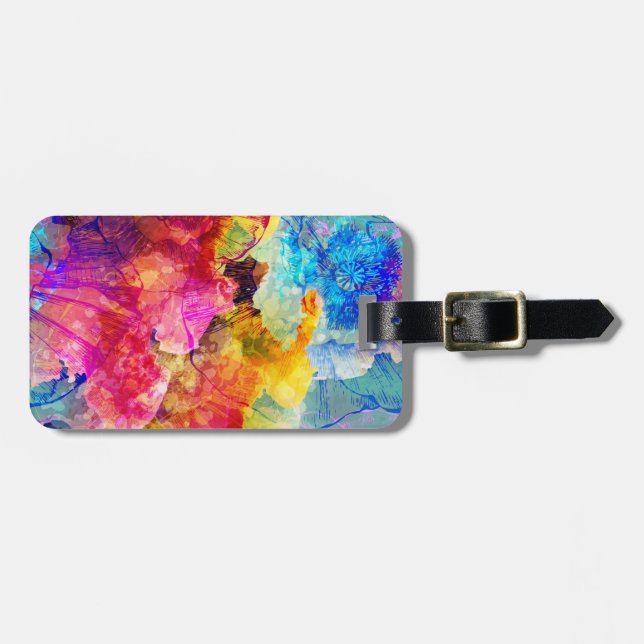 Bold & Bright Watercolor Floral Pattern Luggage Tag (Front Horizontal)