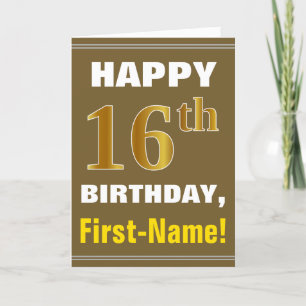 Bold, Brown, Faux Gold 16th Birthday w/ Name Card