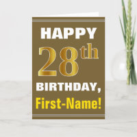 Bold, Brown, Faux Gold 28th Birthday w/ Name Card