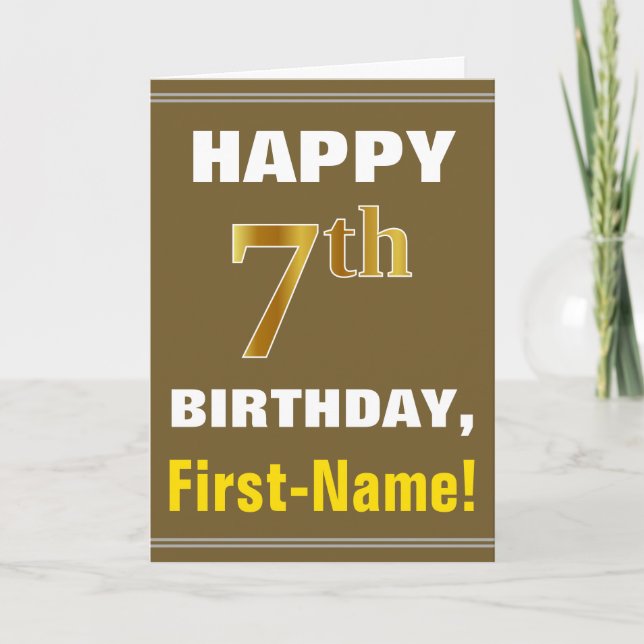 Bold, Brown, Faux Gold 7th Birthday w/ Name Card (Front)