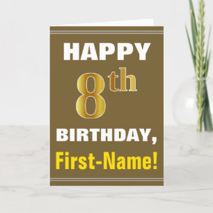 Bold, Brown, Faux Gold 8th Birthday w/ Name Card