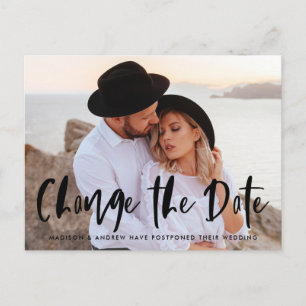 Bold Brush Script Overlay Photo Change The Date Announcement Postcard