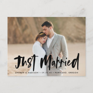 Bold Brush Script Photo Just Married Wedding Postcard