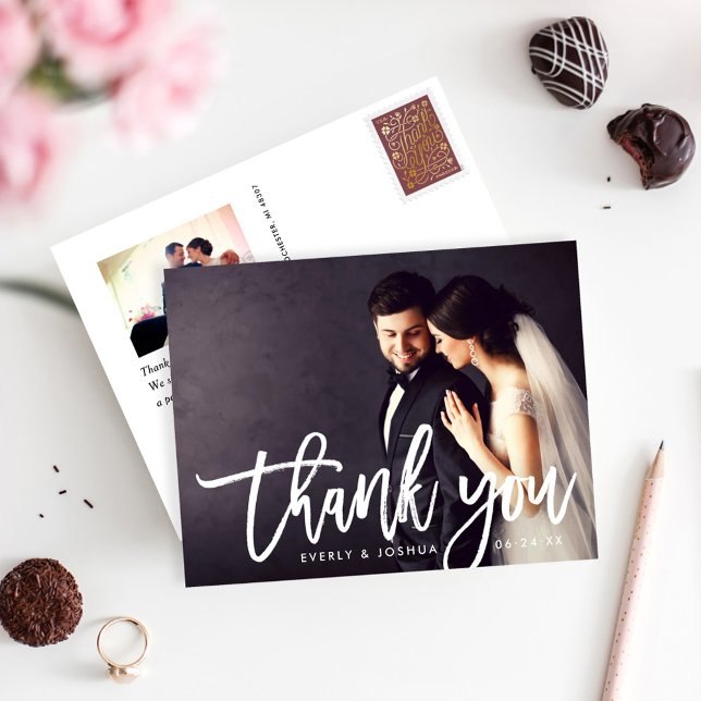 Bold Brush Script Thank You Wedding Photo Postcard (Creator Uploaded)