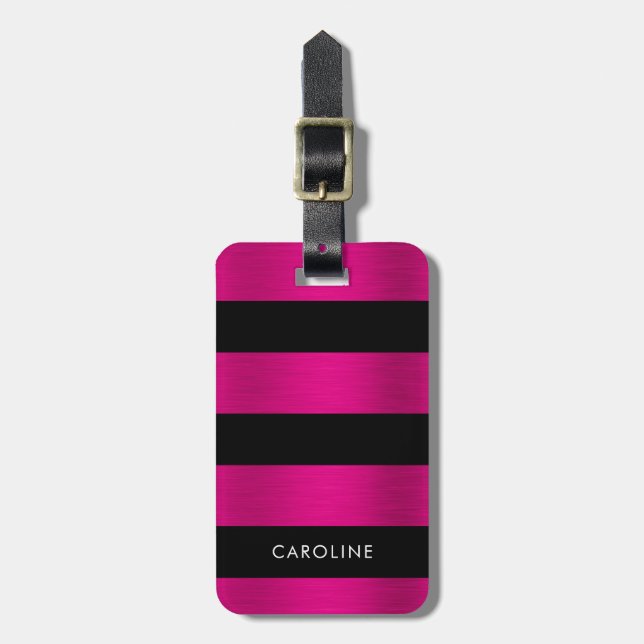 Bold Brushed Hot Pink Metal & Black Stripes Luggage Tag (Front Vertical)
