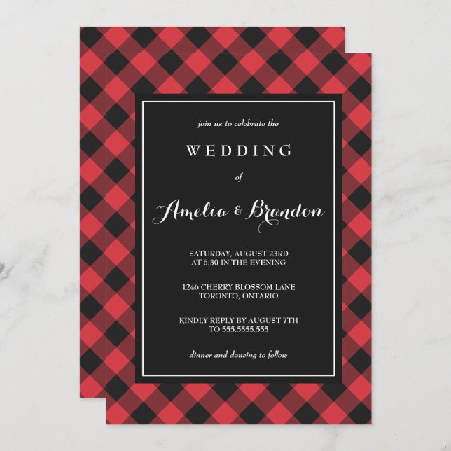 Bold Buffalo Plaid Red & Black Wedding Invitation (Front/Back)