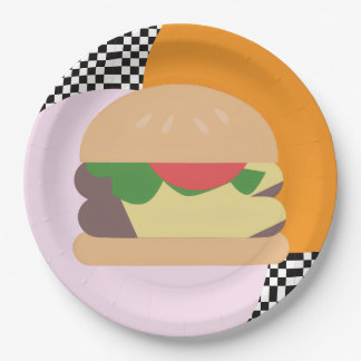 Bold Burger Checkered Pink Orange Black Paper Plate