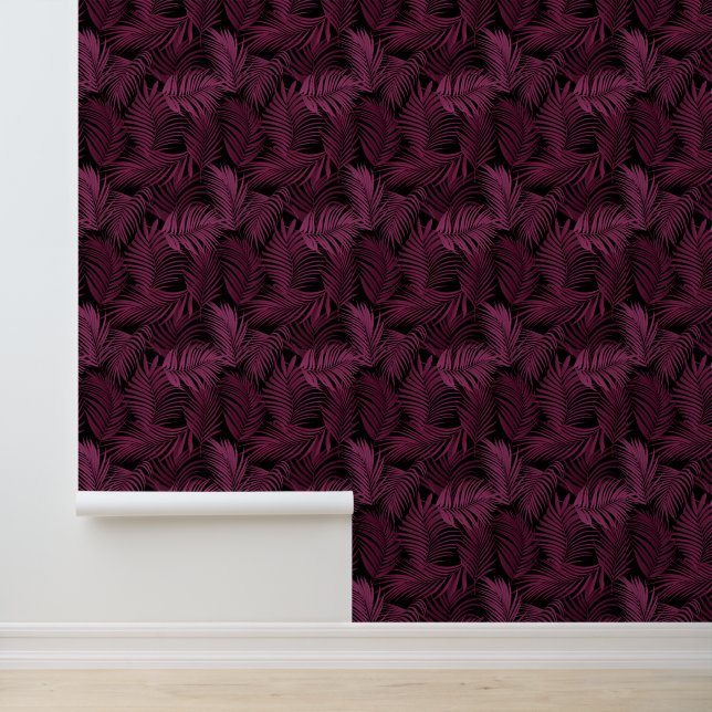 Bold Burgundy Fern Leaves Maximalist Pattern Wallpaper (Application)