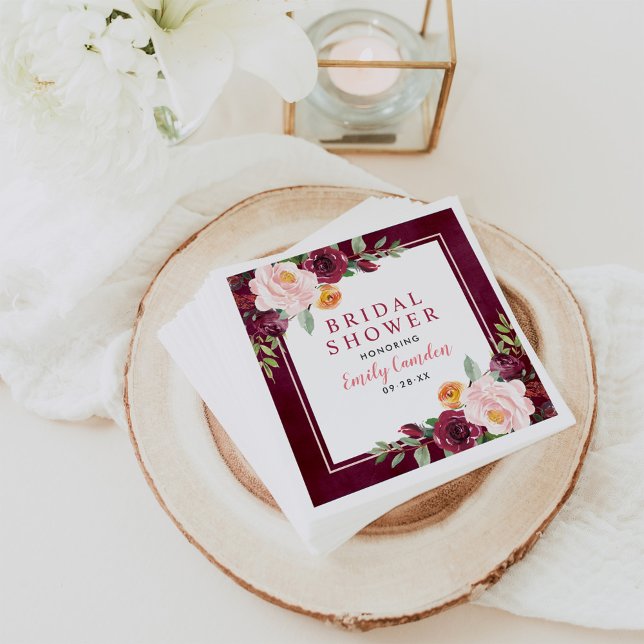 Bold Burgundy Floral Bridal Shower Wedding Napkin (Creator Uploaded)