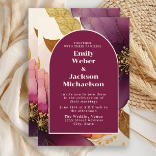 Bold Burgundy Plum Gold Floral Arch Wedding  Invitation