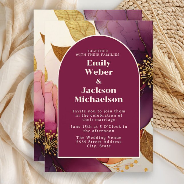 Bold Burgundy Plum Gold Floral Arch Wedding  Invitation (Burgundy, plum and gold alcohol ink floral wedding invitation with an arch-shaped frame and border.)