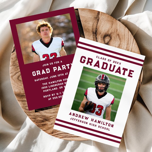 Bold Burgundy Stripes Athletic Photo Graduation Invitation (Creator Uploaded)