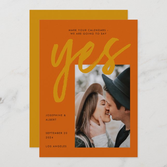 Bold Burnt Orange Ochre Big Script Photo Wedding Save The Date (Front/Back)