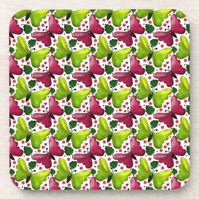 Bold Butterfly Floral Pattern with Hearts Coaster (Front)