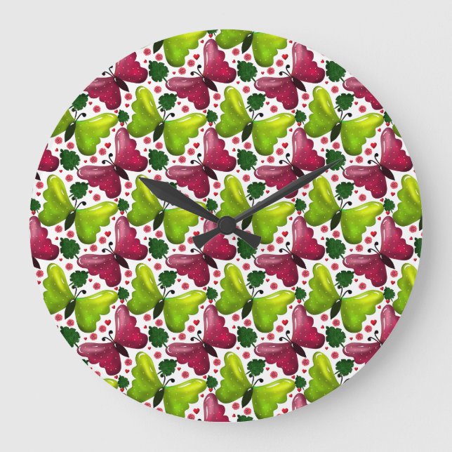 Bold Butterfly Floral Pattern with Hearts Large Clock (Front)