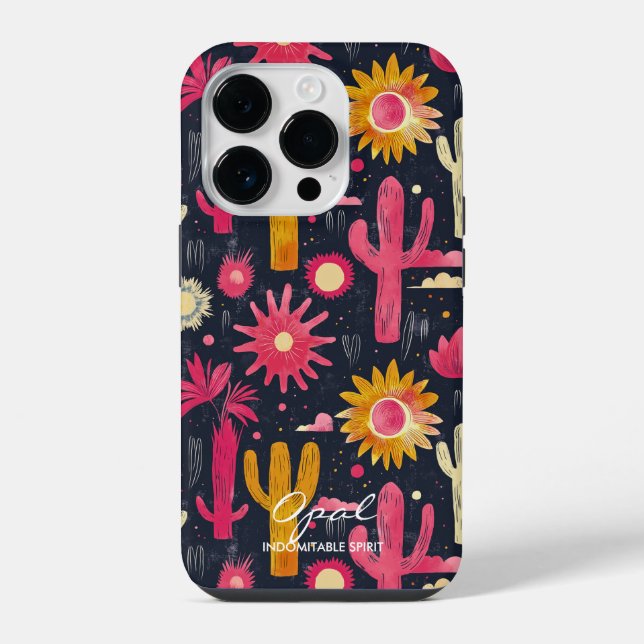 Bold Cactus and Floral Pattern with Name Quote iPhone Case (Back)