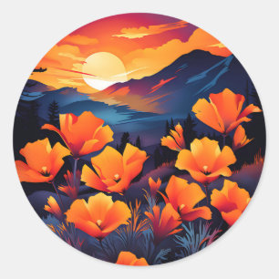Bold California Poppy with Fiery Sunset Classic Round Sticker