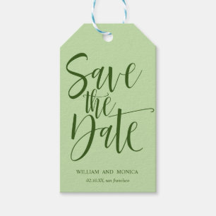 Bold Calligraphy Green WEDDING SAVE THE DATE Gift Tags