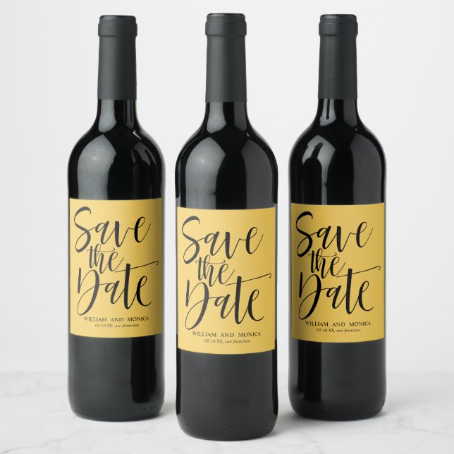 Bold Calligraphy Mustard black save the date Wine Label (Bottles)