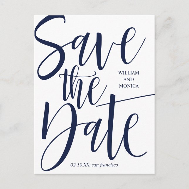 Bold Calligraphy | navy blue modern wedding Announcement Postcard (Front)
