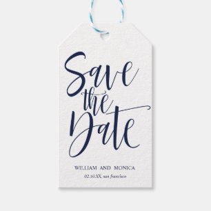 Bold Calligraphy Navy Blue WEDDING SAVE THE DATE Gift Tags
