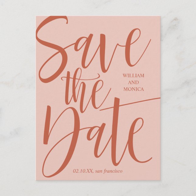 Bold Calligraphy | Rust salmon modern wedding Announcement Postcard (Front)