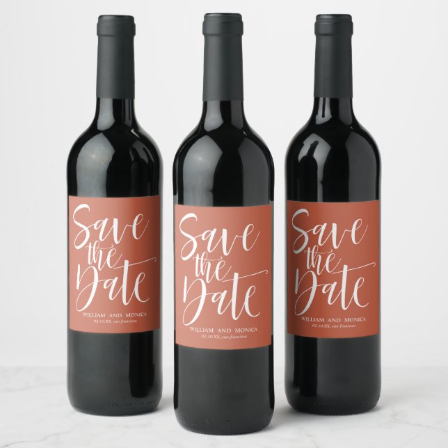 Bold Calligraphy Rust white save the date Wine Label (Bottles)