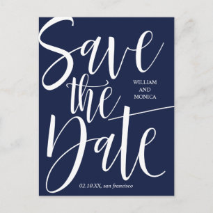 Bold Calligraphy   White navy blue modern wedding Announcement Postcard